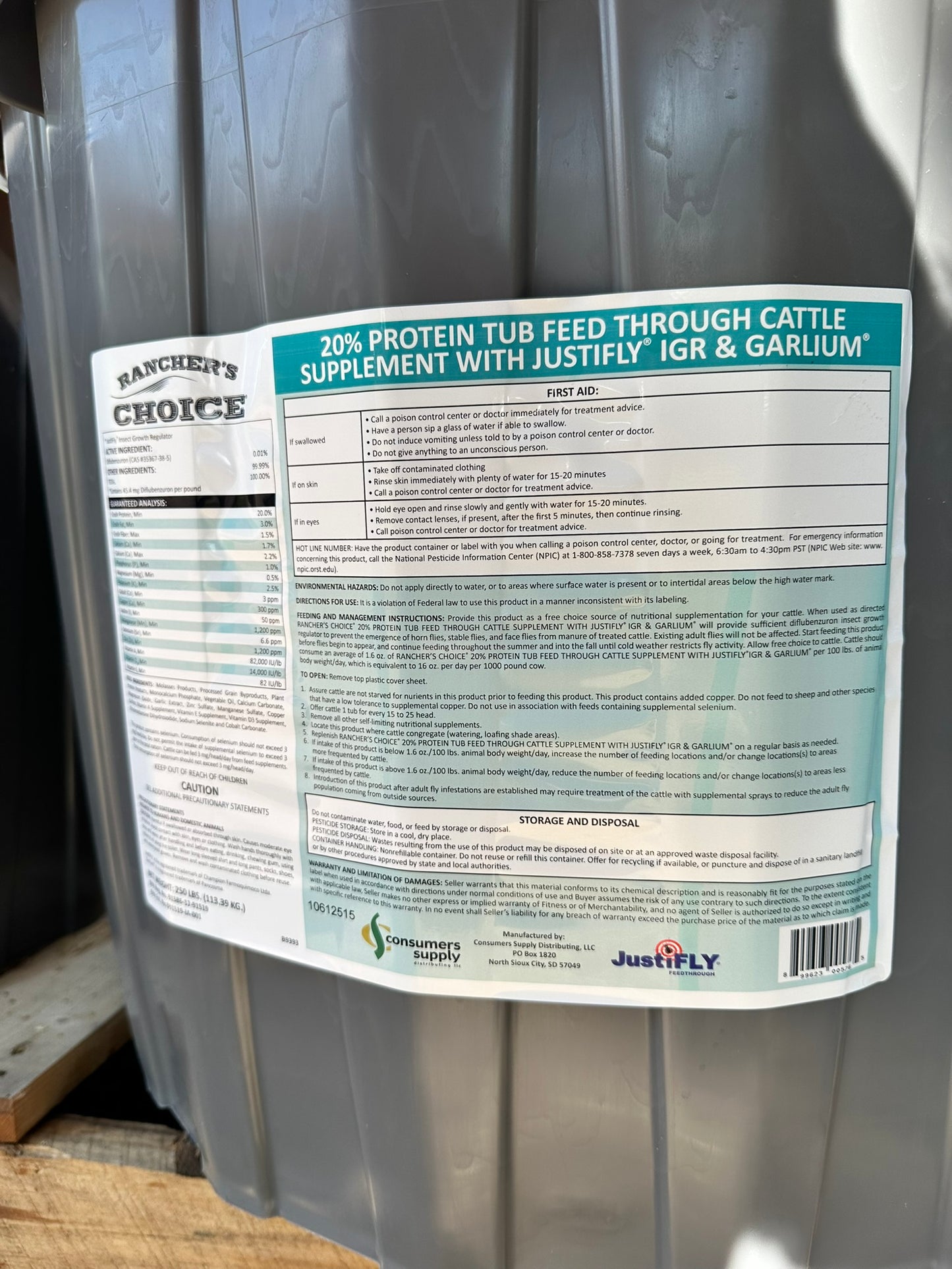 RC 20% PROTEIN TUB W/ JUSTIFLY & GARLIC 250# B9393